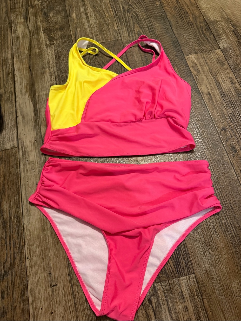 SHEIN Colorblock High-Waist Bikini Set in Hot Pink & Yellow